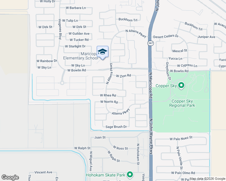 map of restaurants, bars, coffee shops, grocery stores, and more near 45183 West Horse Mesa Road in Maricopa