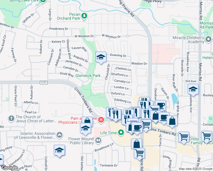 map of restaurants, bars, coffee shops, grocery stores, and more near 4001 Commonwealth Drive in Flower Mound