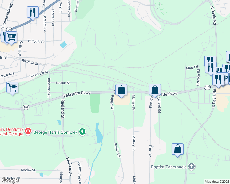map of restaurants, bars, coffee shops, grocery stores, and more near Lafayette Parkway in LaGrange