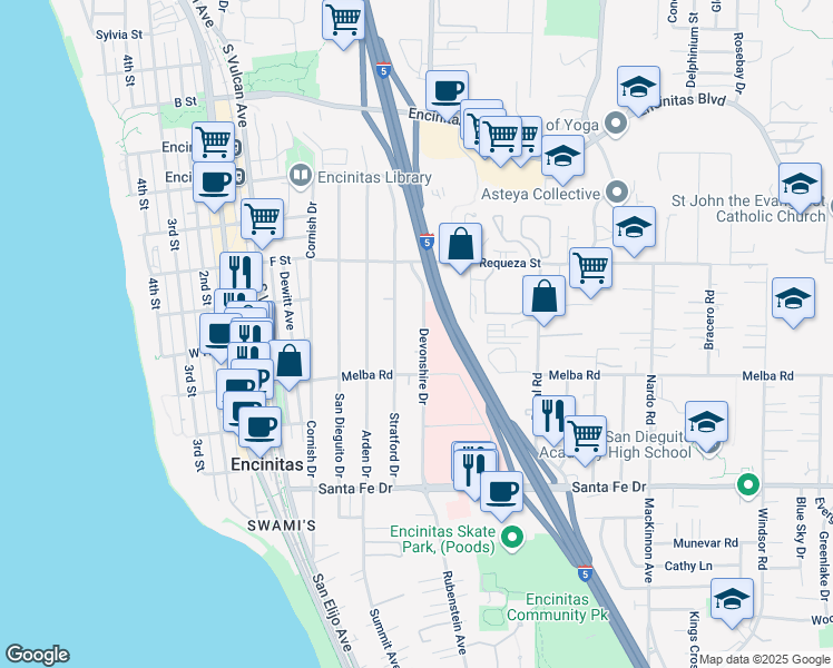 map of restaurants, bars, coffee shops, grocery stores, and more near 936 Devonshire Drive in Encinitas