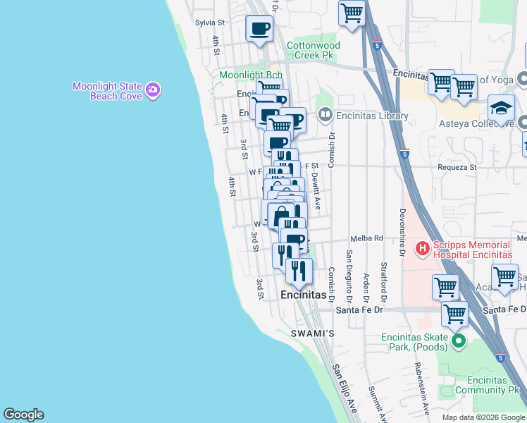 map of restaurants, bars, coffee shops, grocery stores, and more near 901 2nd Street in Encinitas