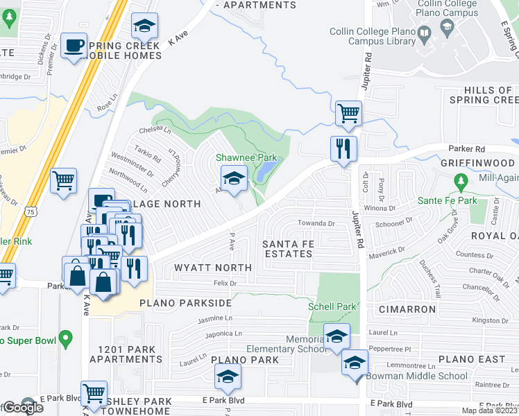 map of restaurants, bars, coffee shops, grocery stores, and more near 1835 Parker Road in Plano