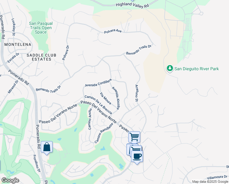 map of restaurants, bars, coffee shops, grocery stores, and more near 18004 Avenida Alozdra in San Diego