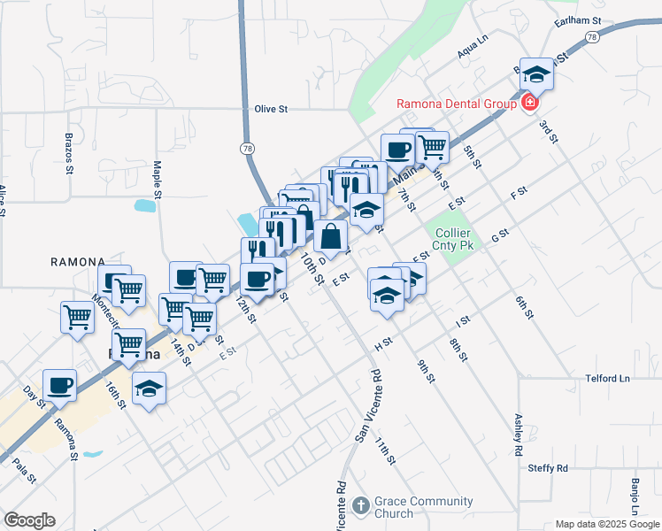 map of restaurants, bars, coffee shops, grocery stores, and more near 932 E Street in Ramona
