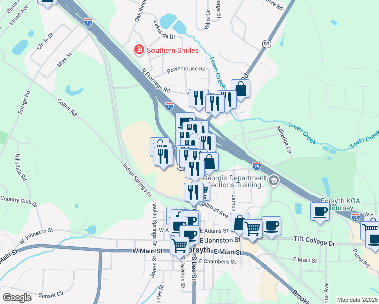 map of restaurants, bars, coffee shops, grocery stores, and more near 270 North Lee Street in Forsyth