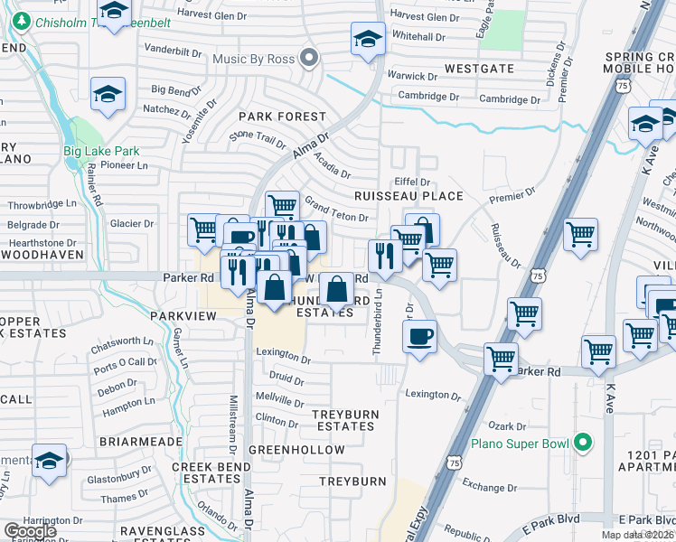 map of restaurants, bars, coffee shops, grocery stores, and more near 836 Pimernel Lane in Plano
