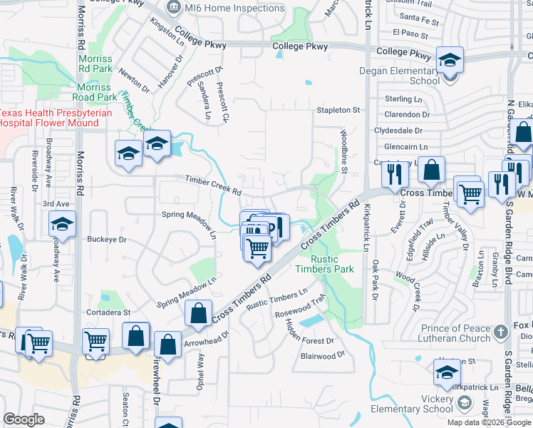 map of restaurants, bars, coffee shops, grocery stores, and more near 4106 1 Place Lane in Flower Mound