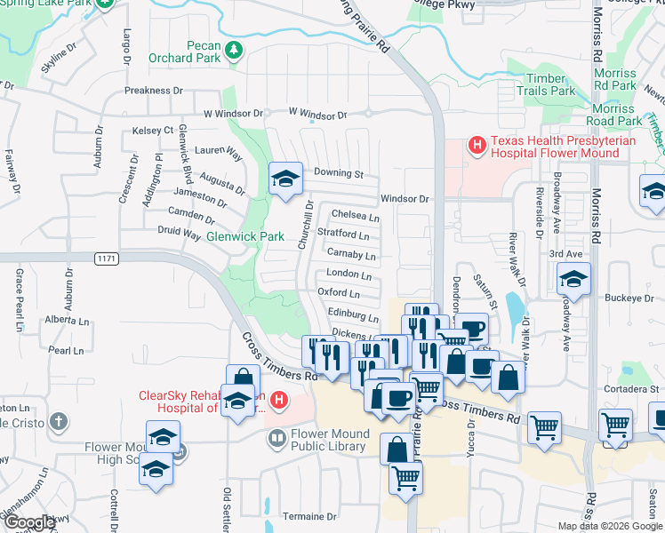 map of restaurants, bars, coffee shops, grocery stores, and more near 2844 London Lane in Flower Mound