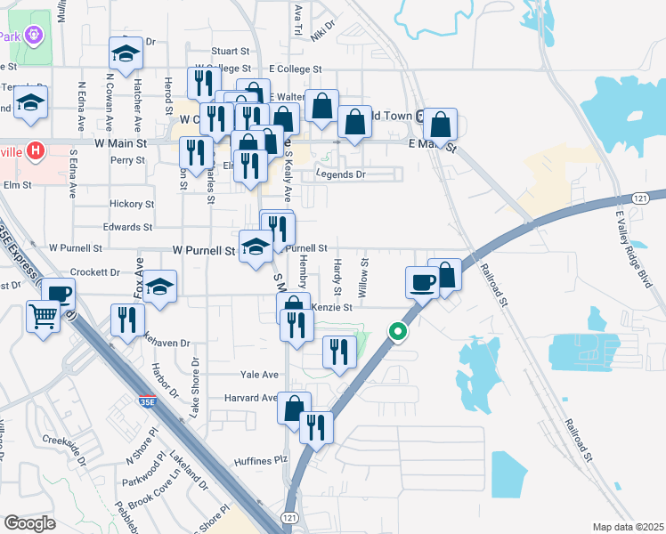 map of restaurants, bars, coffee shops, grocery stores, and more near 660 Hardy Street in Lewisville