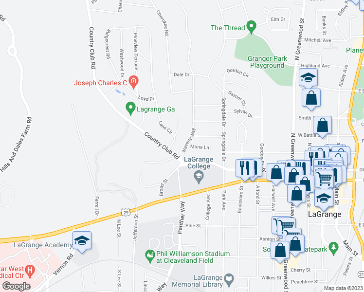 map of restaurants, bars, coffee shops, grocery stores, and more near 105 Waverly Way in LaGrange