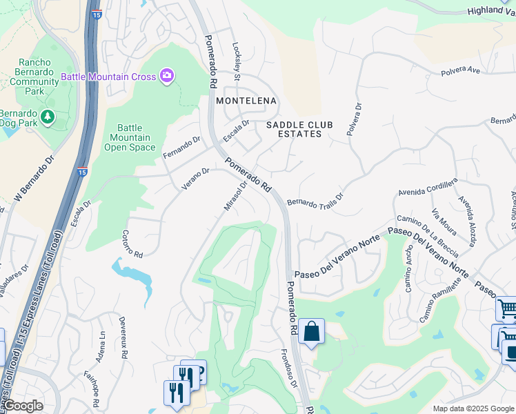map of restaurants, bars, coffee shops, grocery stores, and more near 18184 Sencillo Drive in San Diego