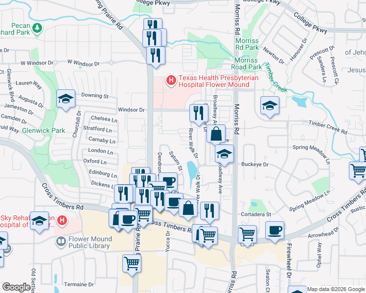 map of restaurants, bars, coffee shops, grocery stores, and more near 2420 Holland Grove in Flower Mound