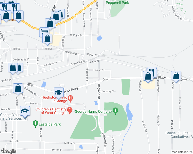map of restaurants, bars, coffee shops, grocery stores, and more near 13 Eleanor Street in LaGrange