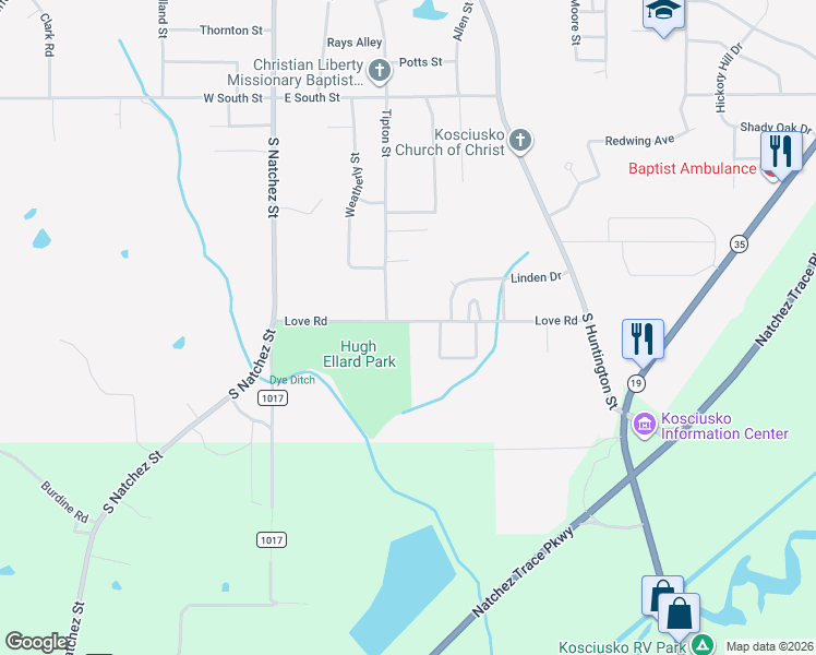 map of restaurants, bars, coffee shops, grocery stores, and more near 200-218 Love Road in Kosciusko