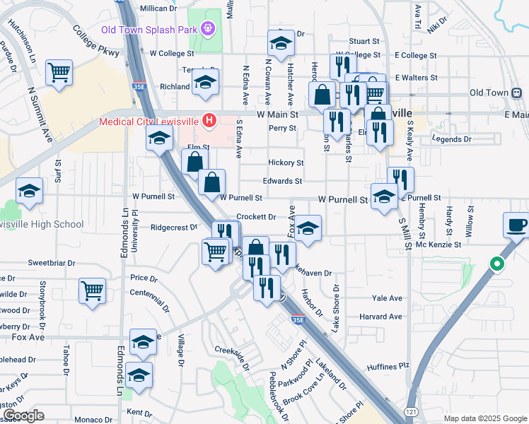 map of restaurants, bars, coffee shops, grocery stores, and more near 414 West Purnell Street in Lewisville