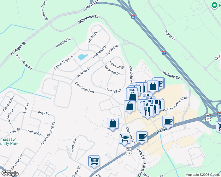 map of restaurants, bars, coffee shops, grocery stores, and more near 95 Dovetail Circle in Summerville