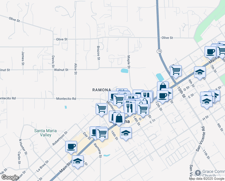map of restaurants, bars, coffee shops, grocery stores, and more near 1334 Shoshone Falls Drive in Ramona