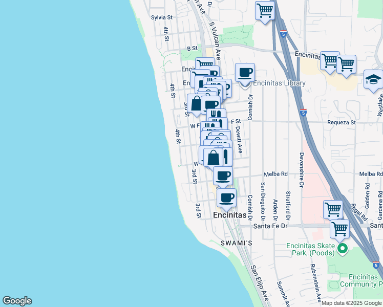 map of restaurants, bars, coffee shops, grocery stores, and more near 762 3rd Street in Encinitas