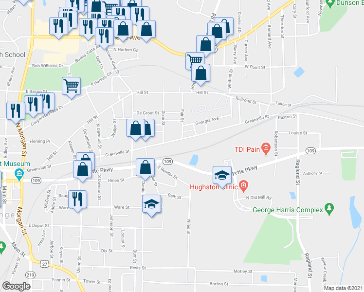 map of restaurants, bars, coffee shops, grocery stores, and more near 801 Greenville Street in LaGrange