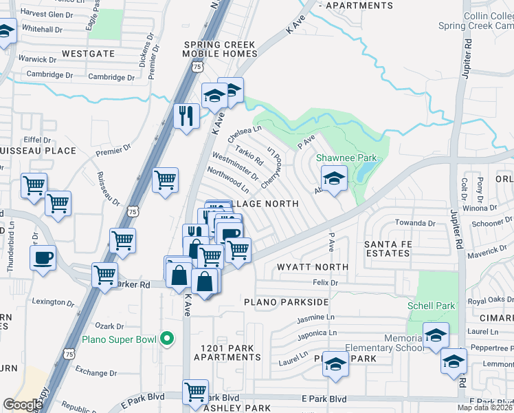 map of restaurants, bars, coffee shops, grocery stores, and more near 3361 Westminster Drive in Plano