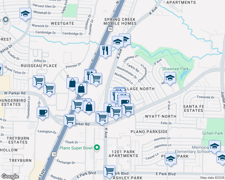 map of restaurants, bars, coffee shops, grocery stores, and more near 3437 Glenwood Lane in Plano