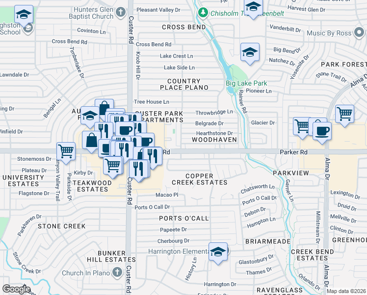 map of restaurants, bars, coffee shops, grocery stores, and more near 3317 Carriage Lane in Plano