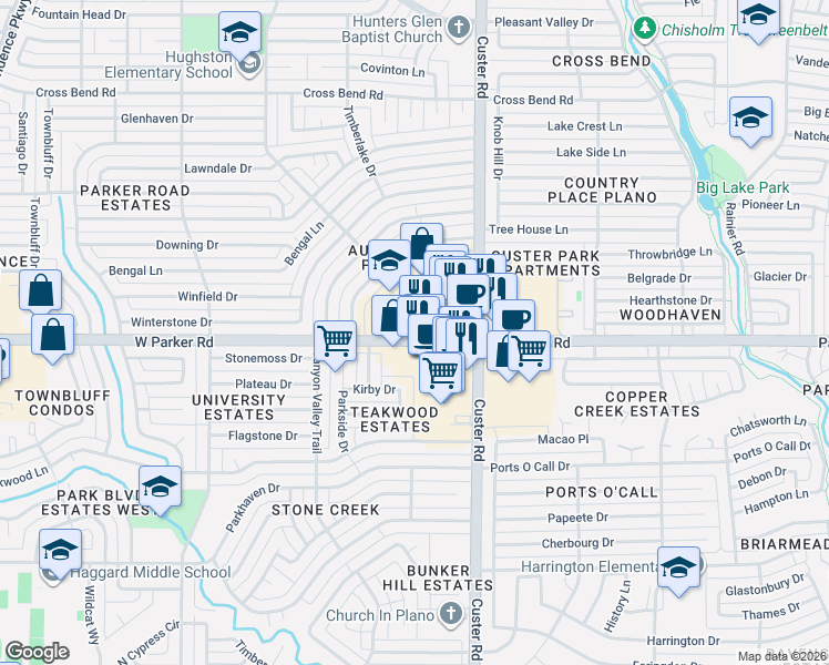 map of restaurants, bars, coffee shops, grocery stores, and more near 3325 Silverstone Drive in Plano