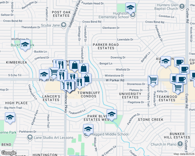 map of restaurants, bars, coffee shops, grocery stores, and more near 3316 Hilltop Lane in Plano
