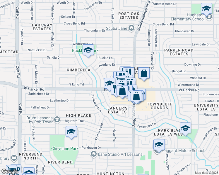 map of restaurants, bars, coffee shops, grocery stores, and more near 3353 Lanarc Drive in Plano