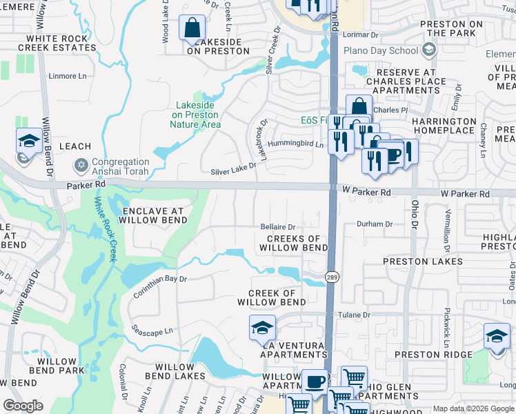 map of restaurants, bars, coffee shops, grocery stores, and more near 3225 Silver Creek Drive in Plano