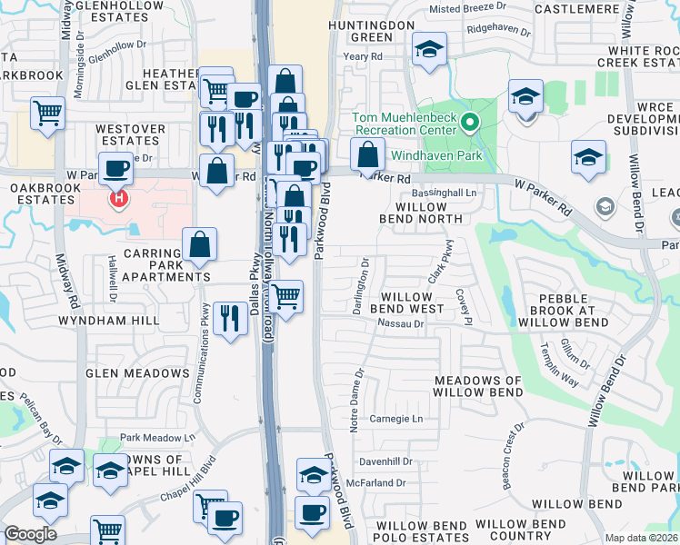 map of restaurants, bars, coffee shops, grocery stores, and more near 5981 Kensington Drive in Plano