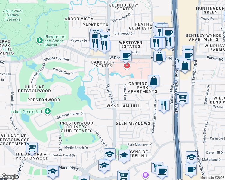 map of restaurants, bars, coffee shops, grocery stores, and more near 3100 Midway Road in Plano