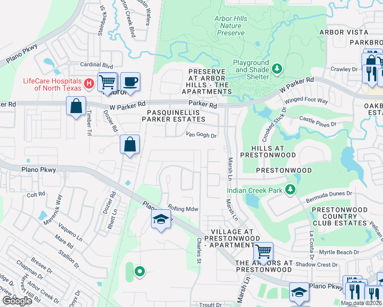 map of restaurants, bars, coffee shops, grocery stores, and more near 7120 Van Gogh Drive in Plano