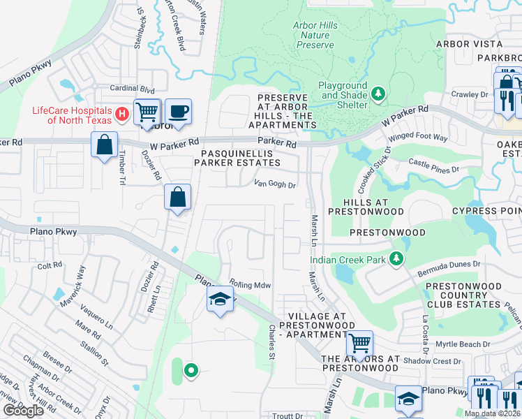 map of restaurants, bars, coffee shops, grocery stores, and more near 7120 Van Gogh Drive in Plano