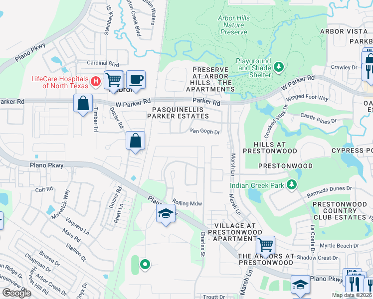 map of restaurants, bars, coffee shops, grocery stores, and more near 7120 Van Gogh Drive in Plano
