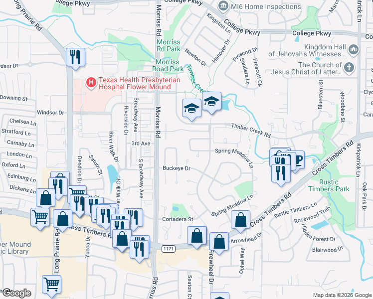 map of restaurants, bars, coffee shops, grocery stores, and more near 1928 Pin Oak Drive in Flower Mound