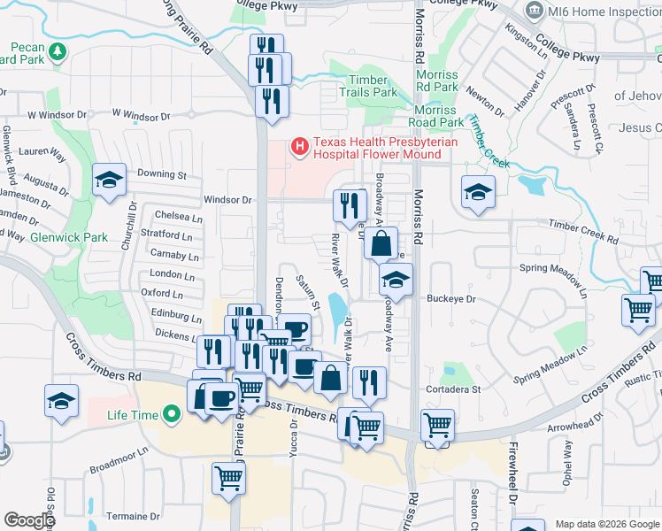 map of restaurants, bars, coffee shops, grocery stores, and more near 2449 Gramercy Park Drive in Flower Mound