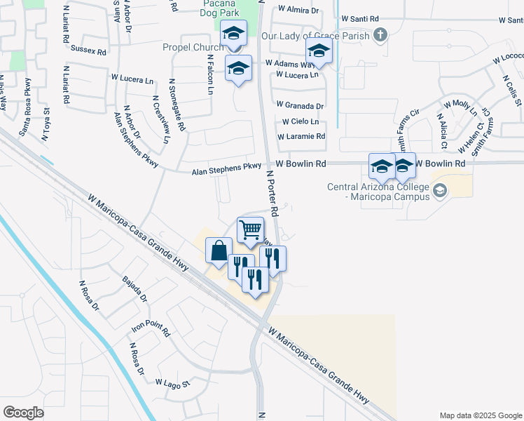 map of restaurants, bars, coffee shops, grocery stores, and more near 41475 West Shea Way in Maricopa