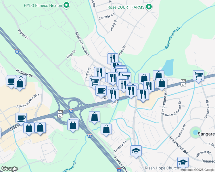 map of restaurants, bars, coffee shops, grocery stores, and more near 1000 Rose Drive in Summerville