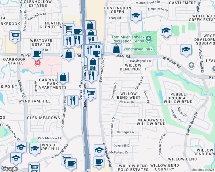 map of restaurants, bars, coffee shops, grocery stores, and more near 5981 Kensington Drive in Plano