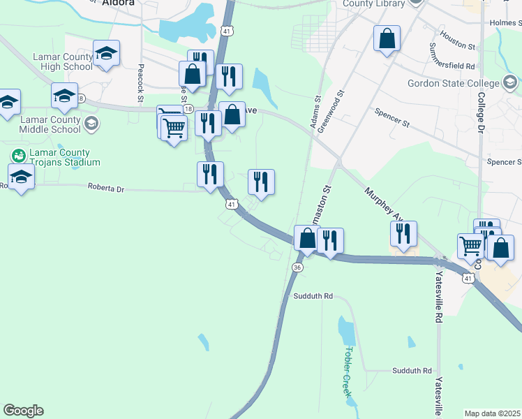map of restaurants, bars, coffee shops, grocery stores, and more near 100 Southland Drive in Barnesville