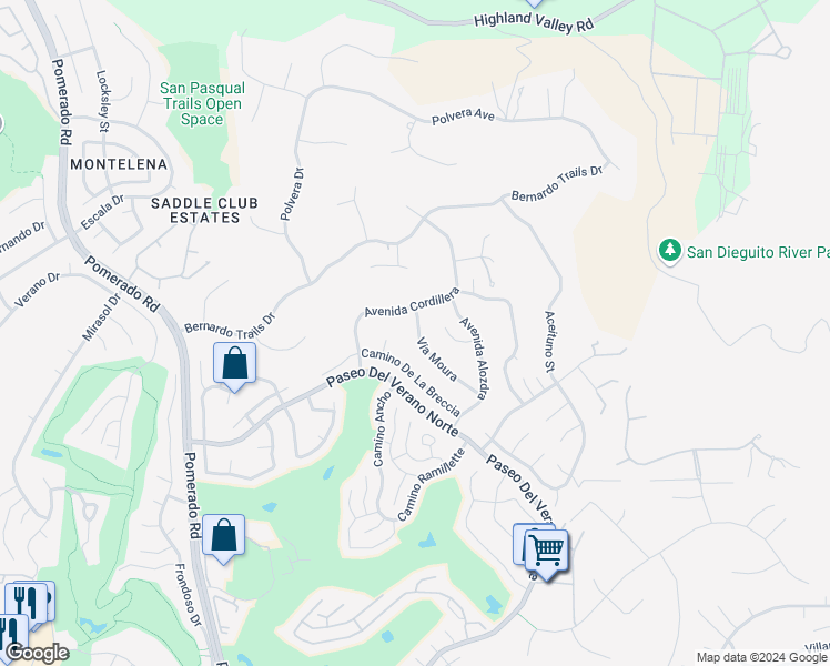 map of restaurants, bars, coffee shops, grocery stores, and more near 12772 Via Moura in San Diego