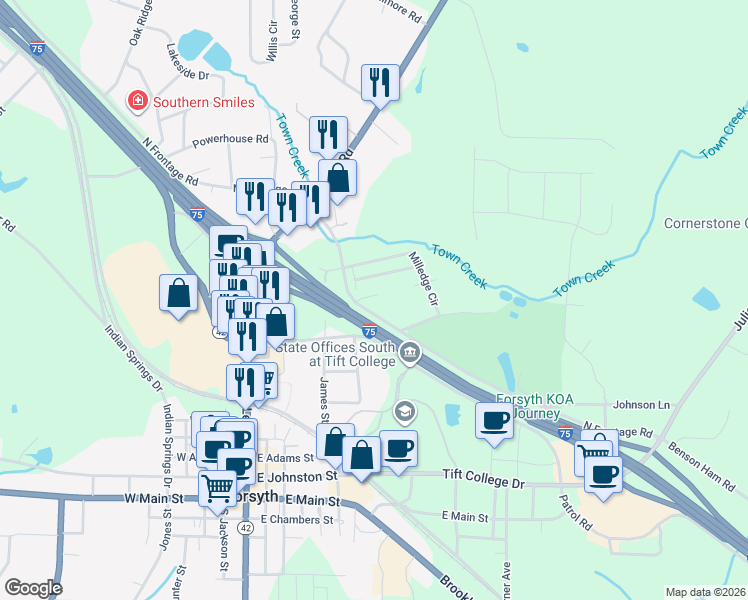 map of restaurants, bars, coffee shops, grocery stores, and more near 195 Solomon Street in Forsyth