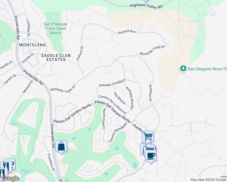 map of restaurants, bars, coffee shops, grocery stores, and more near 12772 Via Moura in San Diego