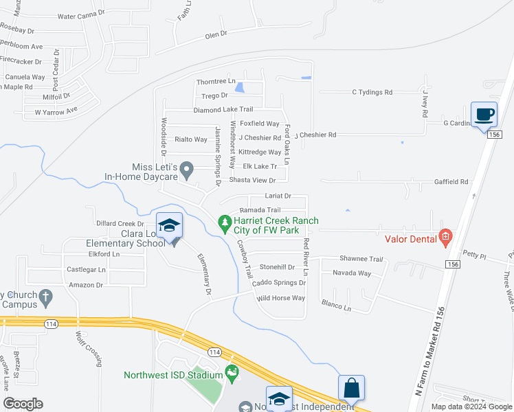 map of restaurants, bars, coffee shops, grocery stores, and more near 1909 Ramada Trail in Justin