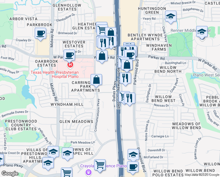 map of restaurants, bars, coffee shops, grocery stores, and more near 3001 Dallas Parkway in Plano