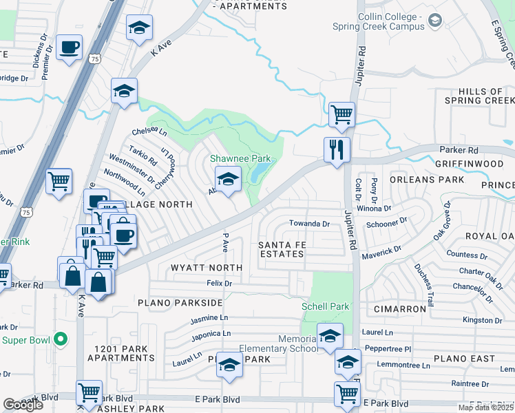 map of restaurants, bars, coffee shops, grocery stores, and more near 1865 Parker Road in Plano