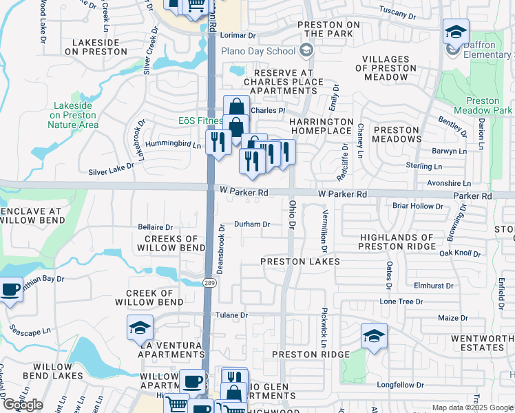 map of restaurants, bars, coffee shops, grocery stores, and more near 4800 West Parker Road in Plano