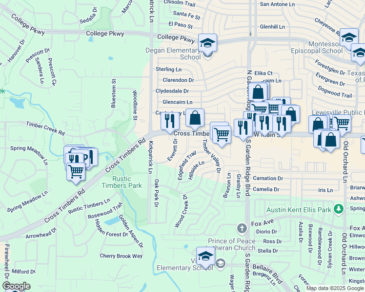 map of restaurants, bars, coffee shops, grocery stores, and more near 1025 Cross Timbers Road in Flower Mound
