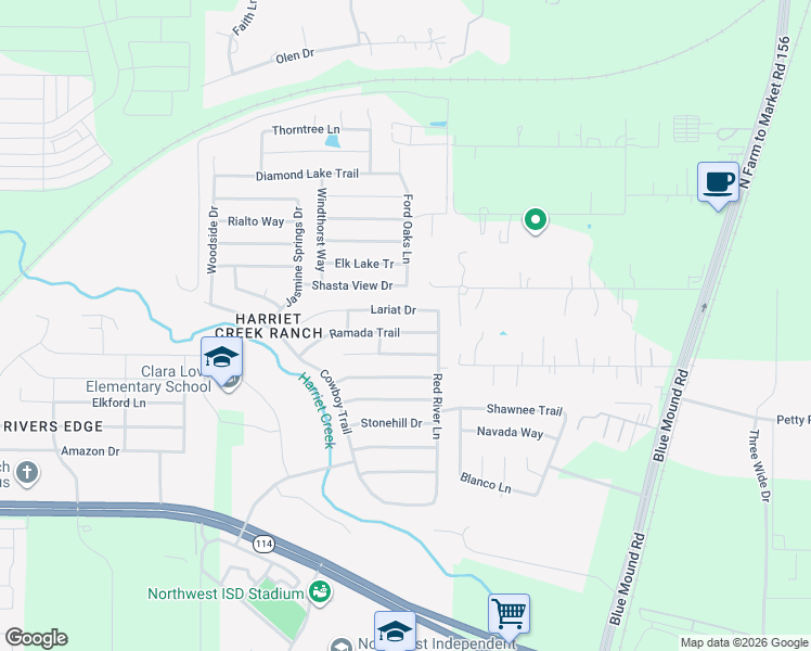 map of restaurants, bars, coffee shops, grocery stores, and more near 1953 Ramada Trail in Justin